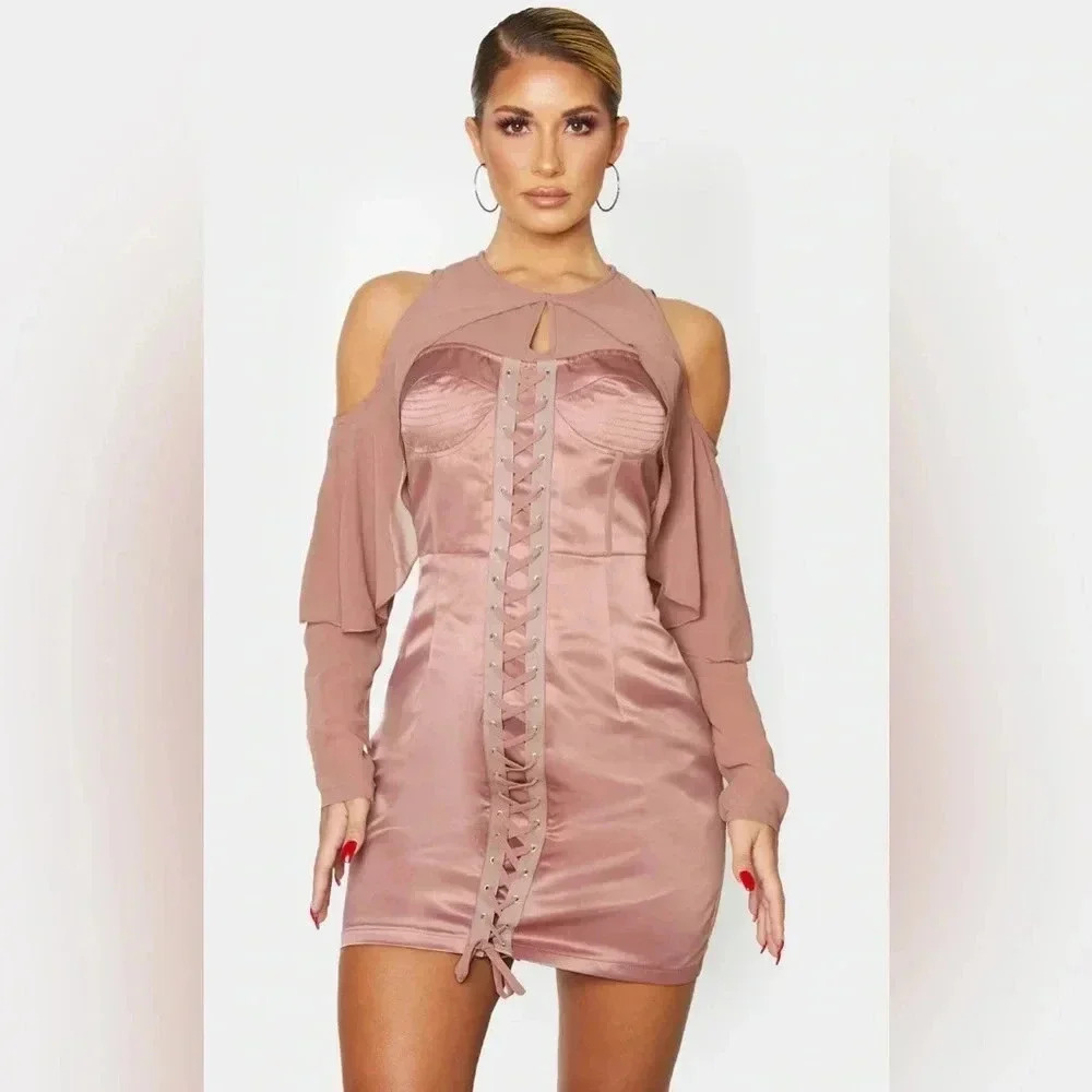 NWT Pretty Little‎ Thing Mauve Satin Mesh Lace Up Dress Size 4